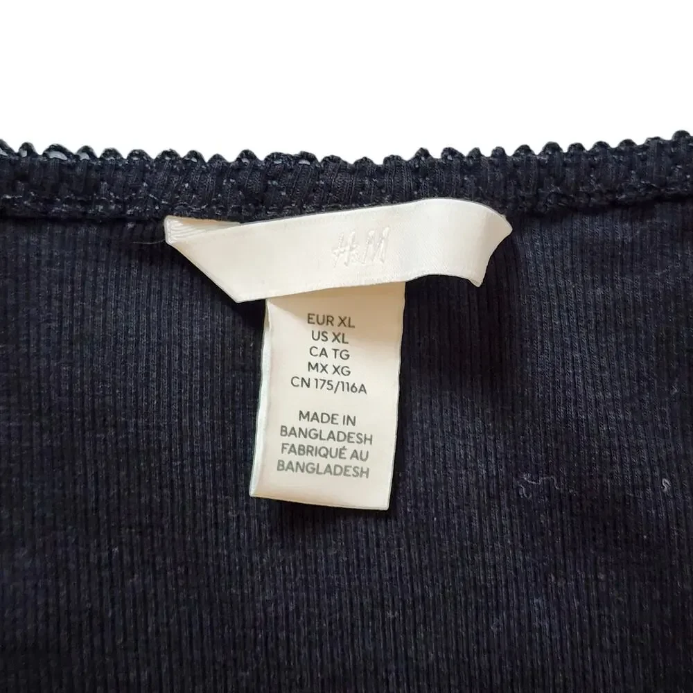 H&M Womens Long Sleeve Crop Top Size XL Black Ruched Drawstring Front Pullover